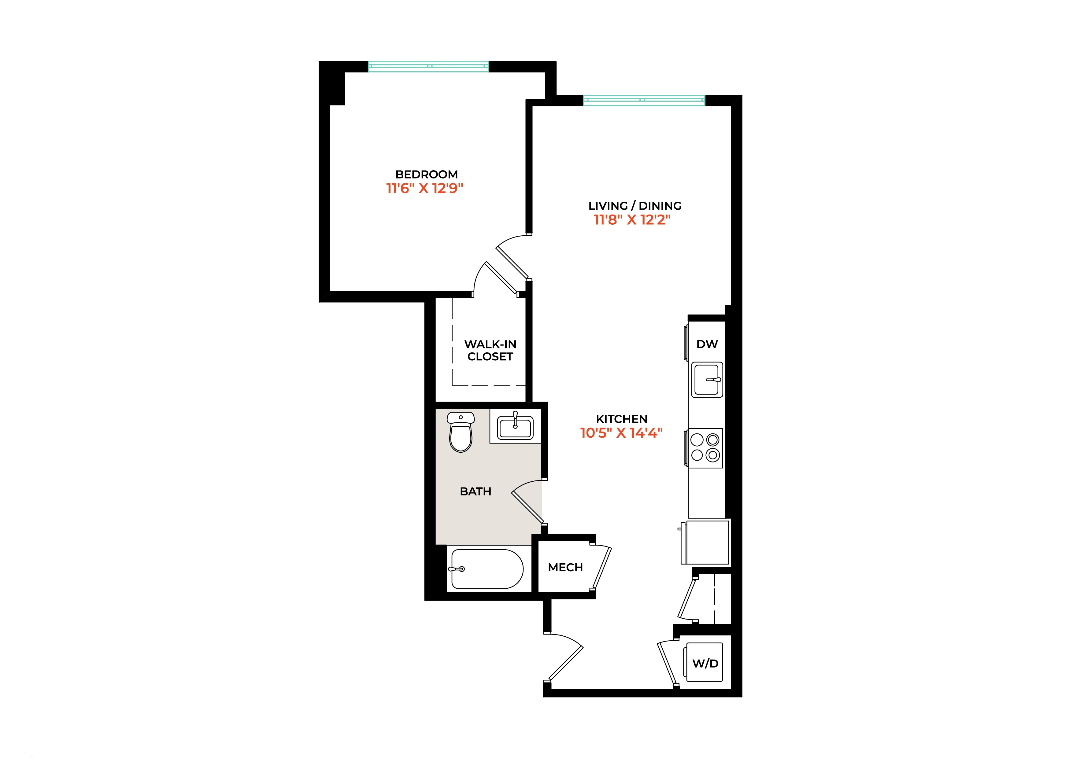 Floor plan for 1 bed, 1 bath, 689 sqft